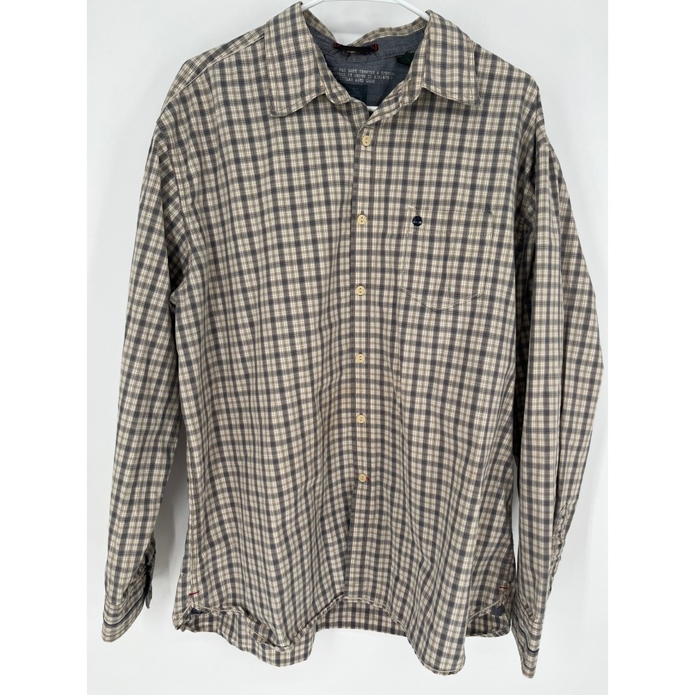 TIMBERLAND Button Down Shirt Mens XL Beige Plaid Long Sleeve Aged Look Cotton
